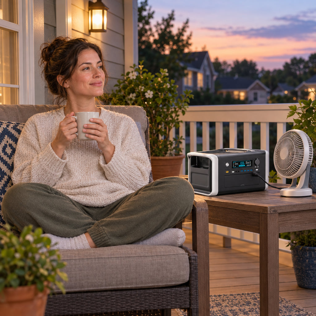 1800W Solar Generator Lifepo4 BAT, woman sitting cross-legged on a back porch, a cup of tea in her hands