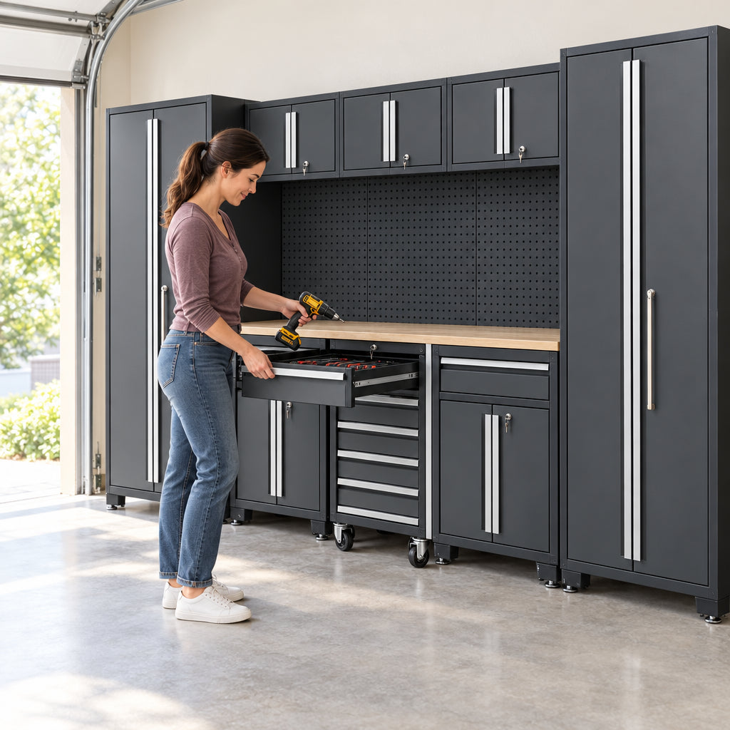 9-Piece Garage Shop Tool Storage, woman opening a cabinet drawer and picking up a tool within seconds of entering the garage