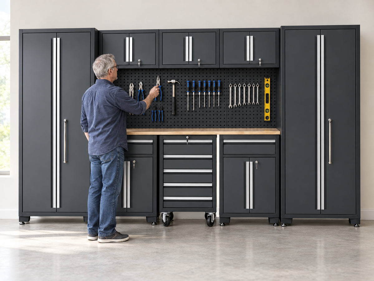 9-Piece Garage Shop Tool Storage, person lifting a tool cleanly off a pegboard hook at shoulder height, garage workshop
