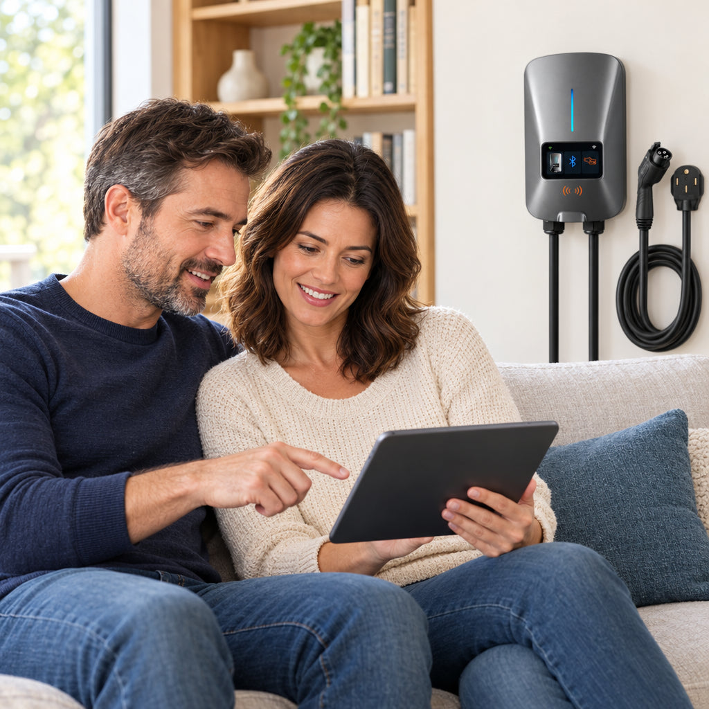 Level 2 EV Charger 40Amp, two people sitting side by side on a sofa, one holding a tablet, both looking at it and talking