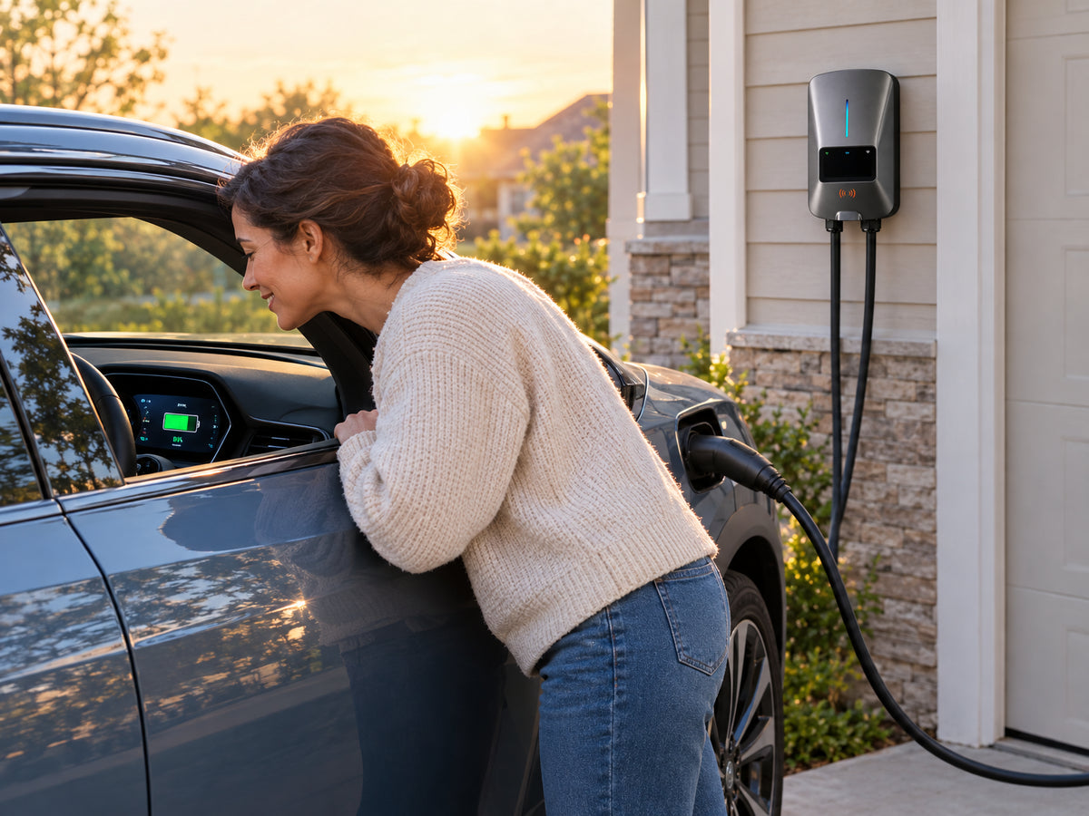 Level 2 EV Charger 40Amp, person glancing at the car's dashboard charge indicator through the window, smiling