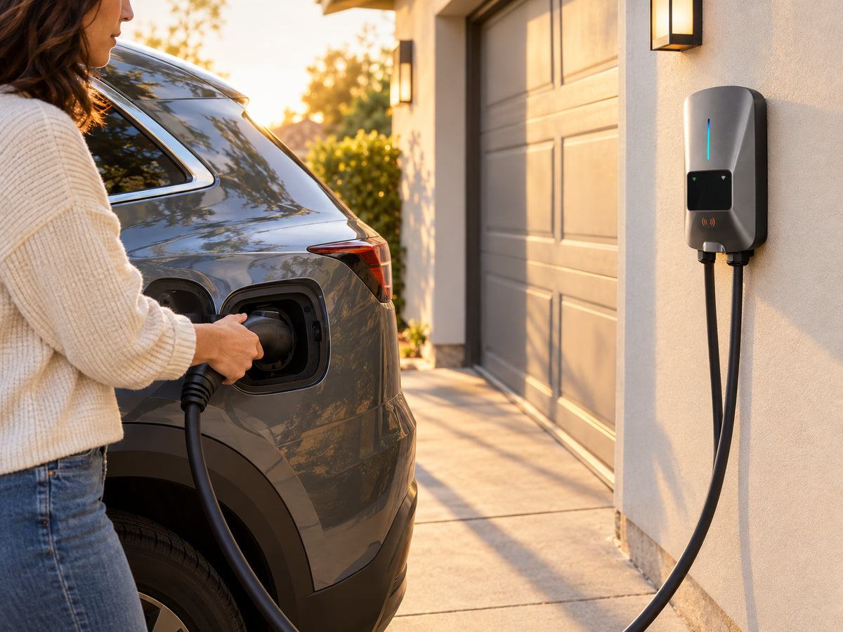 Level 2 EV Charger 40Amp, person pressing the J1772 connector into the car's charge port with a clean, easy click