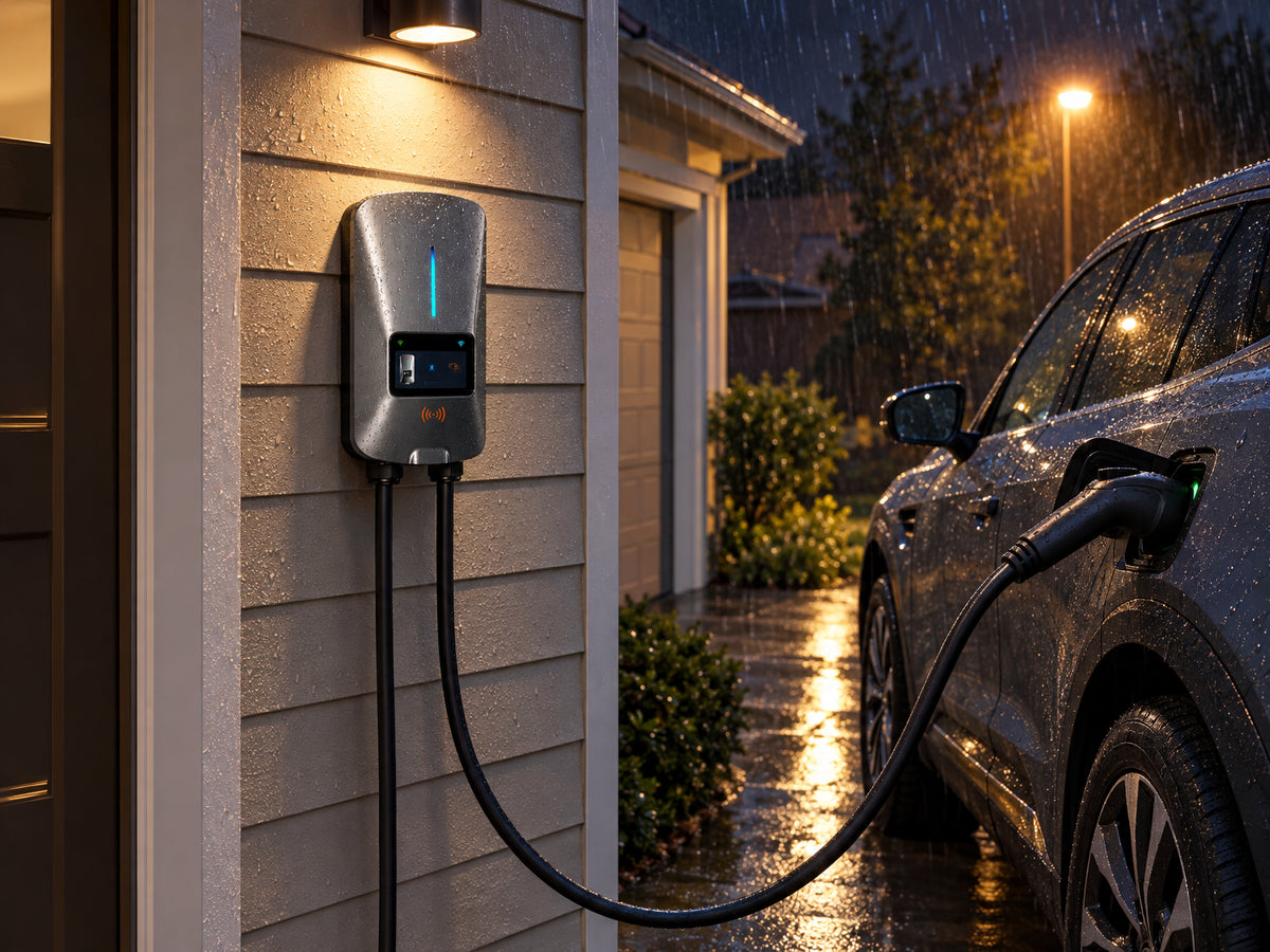 Level 2 EV Charger 40Amp, charger mounted on exterior wall, cable connected to car, rain visible in the air around it