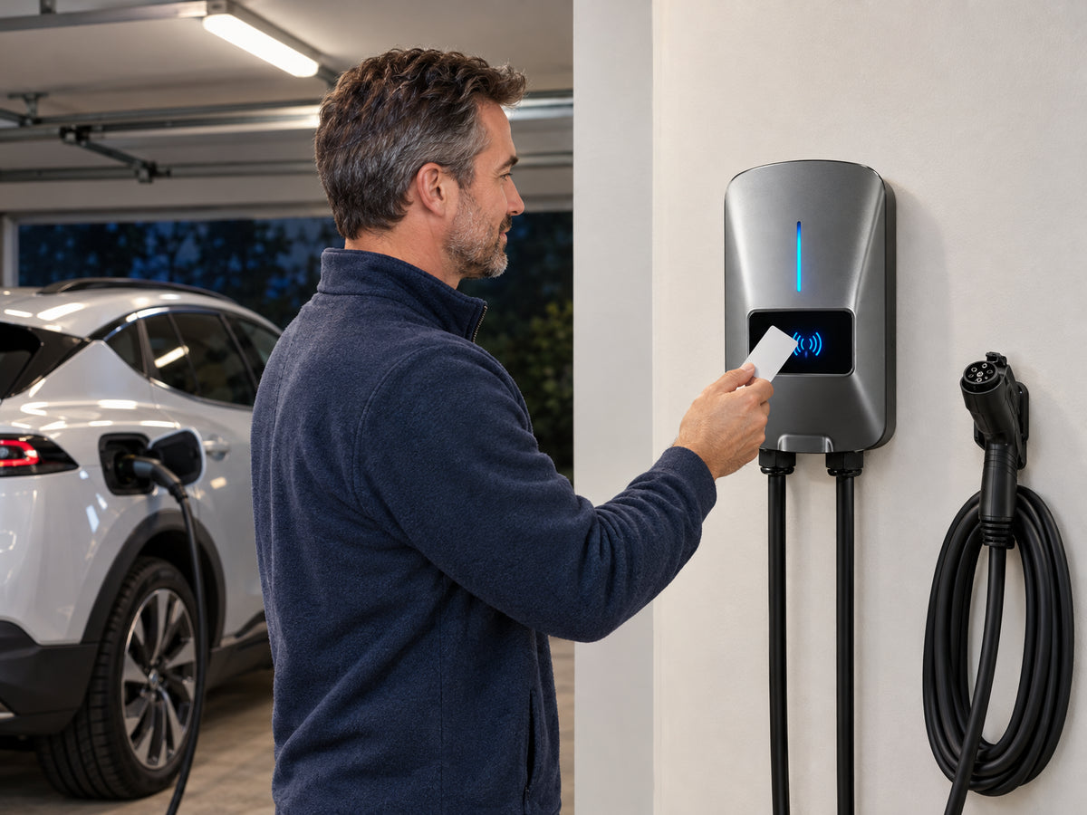Level 2 EV Charger 40Amp, person holding a small card up to the front of the charger unit, which lights up in response