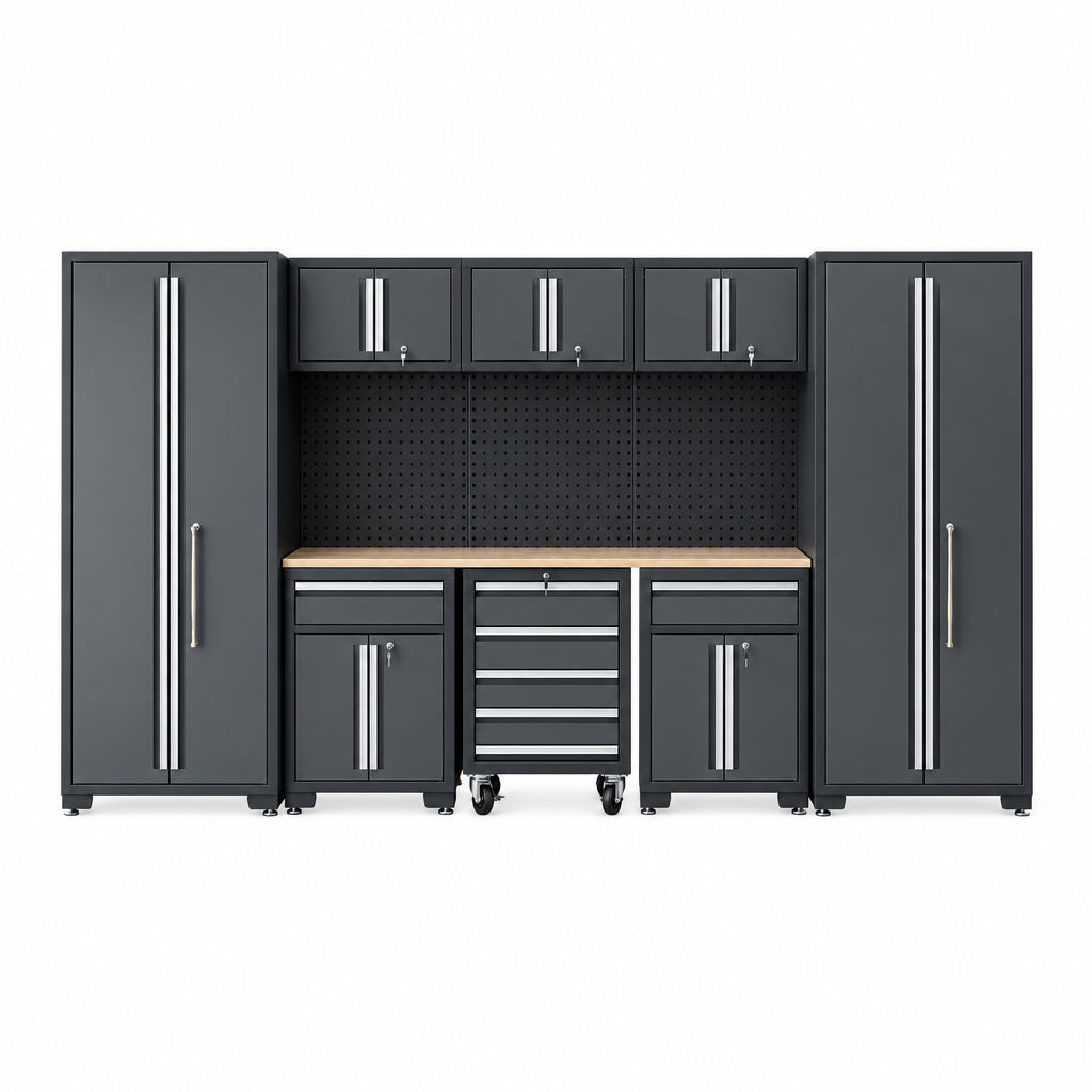 9-Piece Garage Shop Tool Storage Cabinet Set with Pegboard and Wooden Work Top 24 Gauge Steel Tool Chests & Garage Mounted Storage Systems - Black+Gray