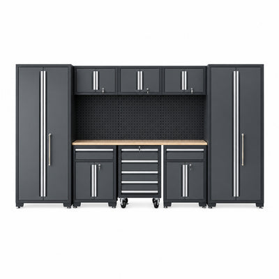 9-Piece Garage Shop Tool Storage Cabinet Set with Pegboard and Wooden Work Top 24 Gauge Steel Tool Chests & Garage Mounted Storage Systems - Black+Gray