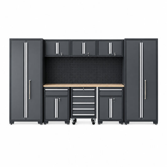 9-Piece Garage Shop Tool Storage Cabinet Set with Pegboard and Wooden Work Top 24 Gauge Steel Tool Chests & Garage Mounted Storage Systems - Black+Gray