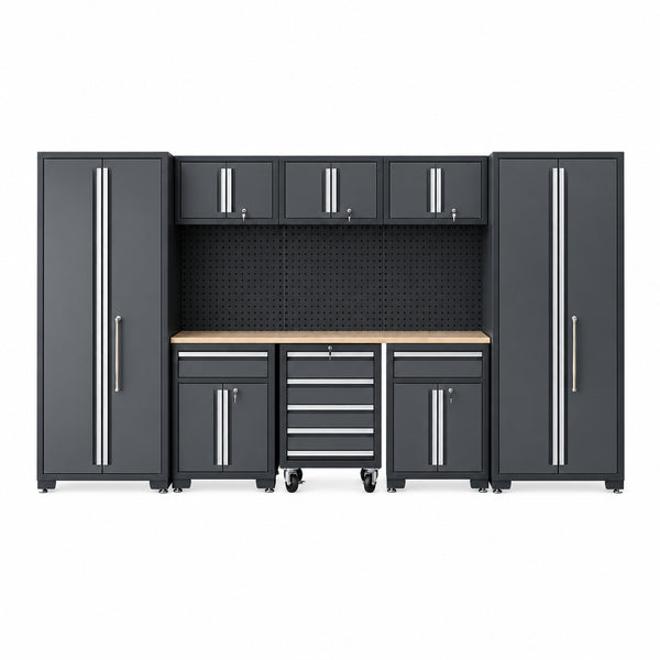 9-Piece Garage Shop Tool Storage Cabinet Set with Pegboard and Wooden Work Top 24 Gauge Steel Tool Chests & Garage Mounted Storage Systems - Black+Gray