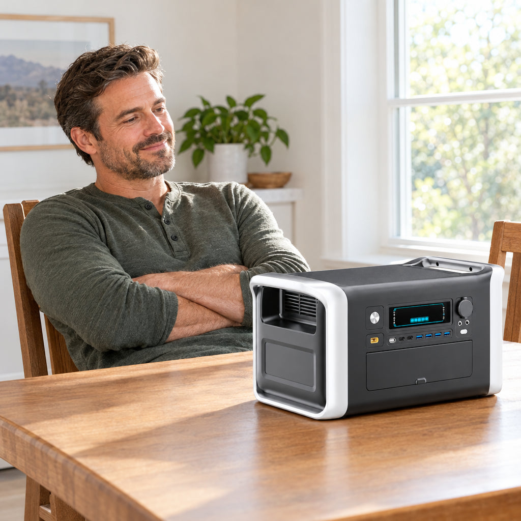 1800W Solar Generator Lifepo4 BAT, man seated at a dining table, leaning back in his chair with a relaxed expression