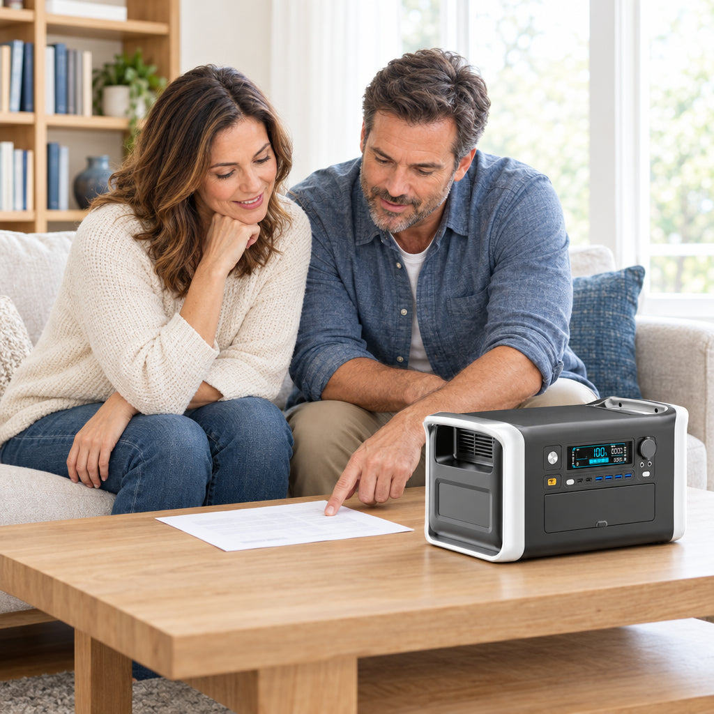 1800W Solar Generator Lifepo4 BAT, couple seated side by side on a living room sofa