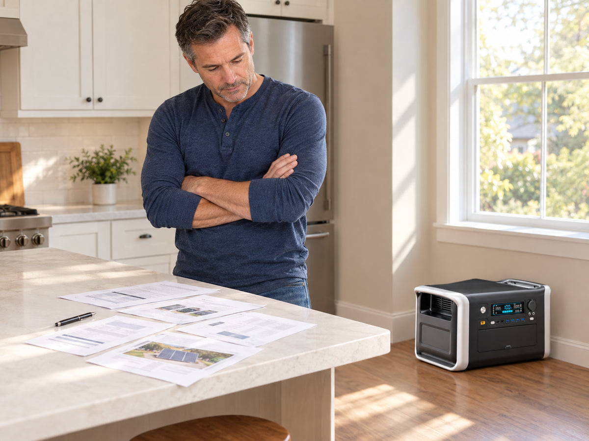 1800W Solar Generator Lifepo4 BAT, man standing at a kitchen counter with several printed sheets spread out, arms crossed