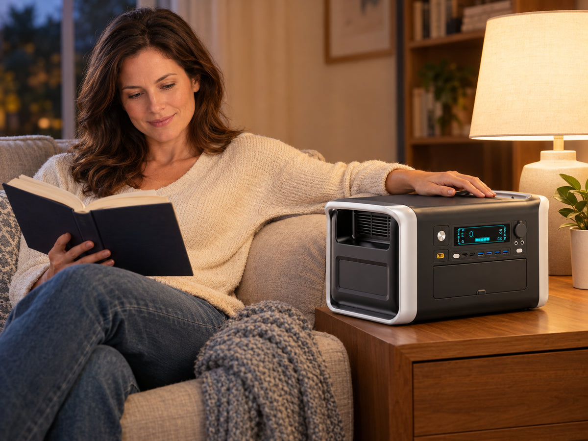 1800W Solar Generator Lifepo4 BAT, woman resting her hand lightly on top of the unit while reading nearby