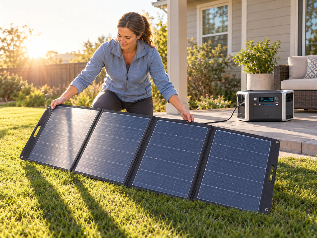 1800W Solar Generator Lifepo4 BAT, woman unfolding a large solar panel on a sunny backyard lawn