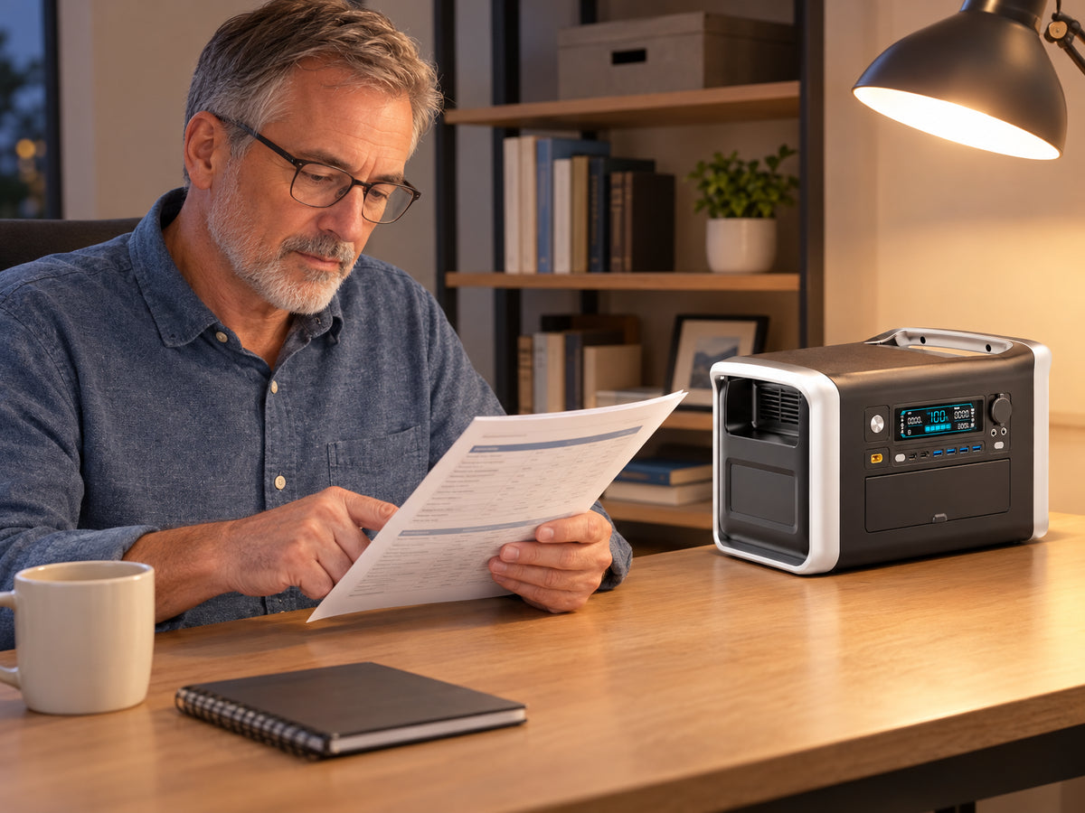 1800W Solar Generator Lifepo4 BAT, older man seated at a home office desk