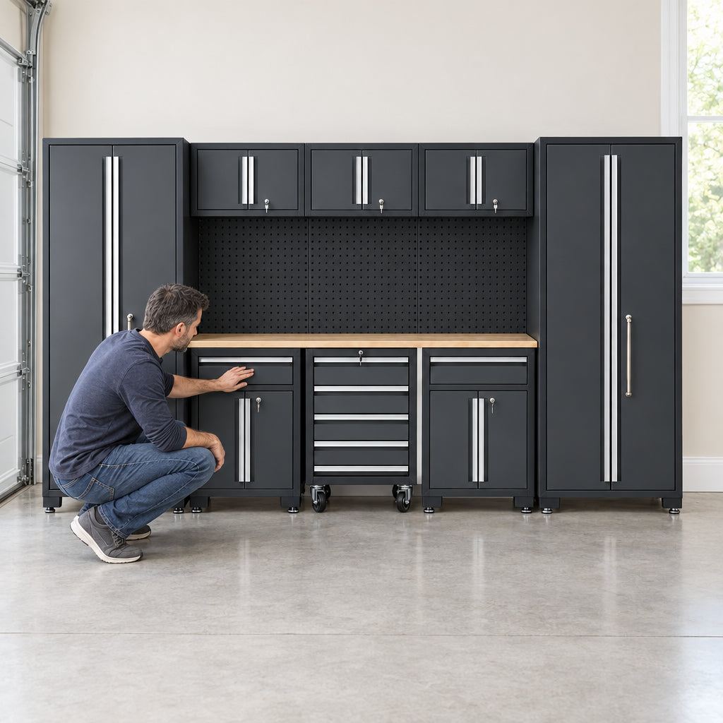 9-Piece Garage Shop Tool Storage, man crouching to examine a lower cabinet section, running a hand along the drawer face
