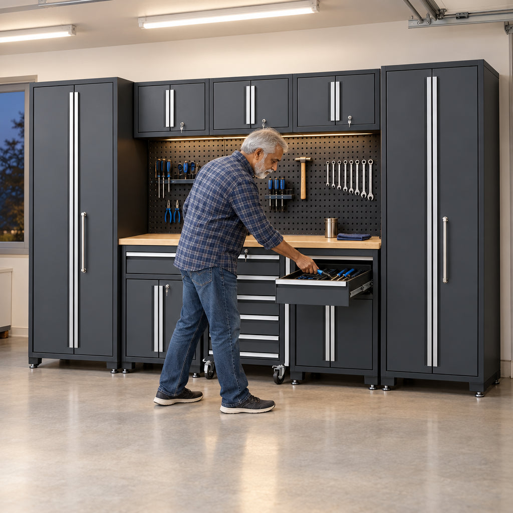 9-Piece Garage Shop Tool Storage, older man moving from the workbench to an open cabinet drawer without breaking stride
