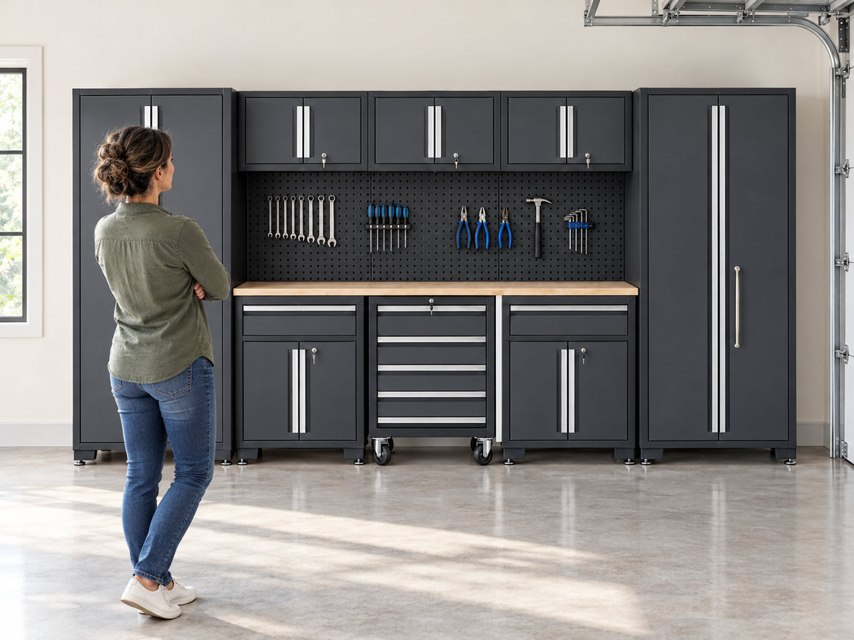 9-Piece Garage Shop Tool Storage, person standing back with arms crossed, taking in the unified cabinet wall