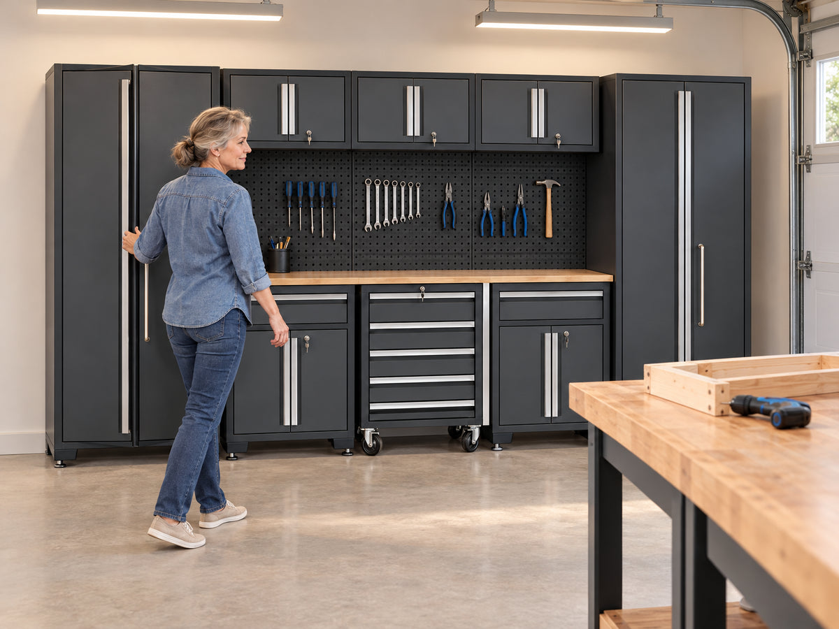 9-Piece Garage Shop Tool Storage, woman closing a cabinet door after returning a tool