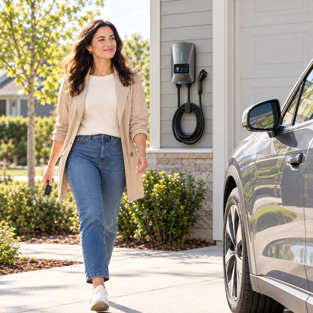Level 2 EV Charger 40Amp, woman striding toward her EV in the driveway, keys in hand, relaxed expression, suburban driveway