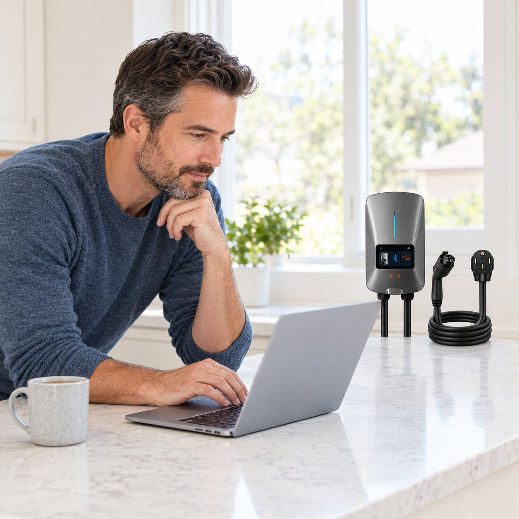 Level 2 EV Charger 40Amp, man leaning over a kitchen counter, reading a laptop screen attentively, home kitchen