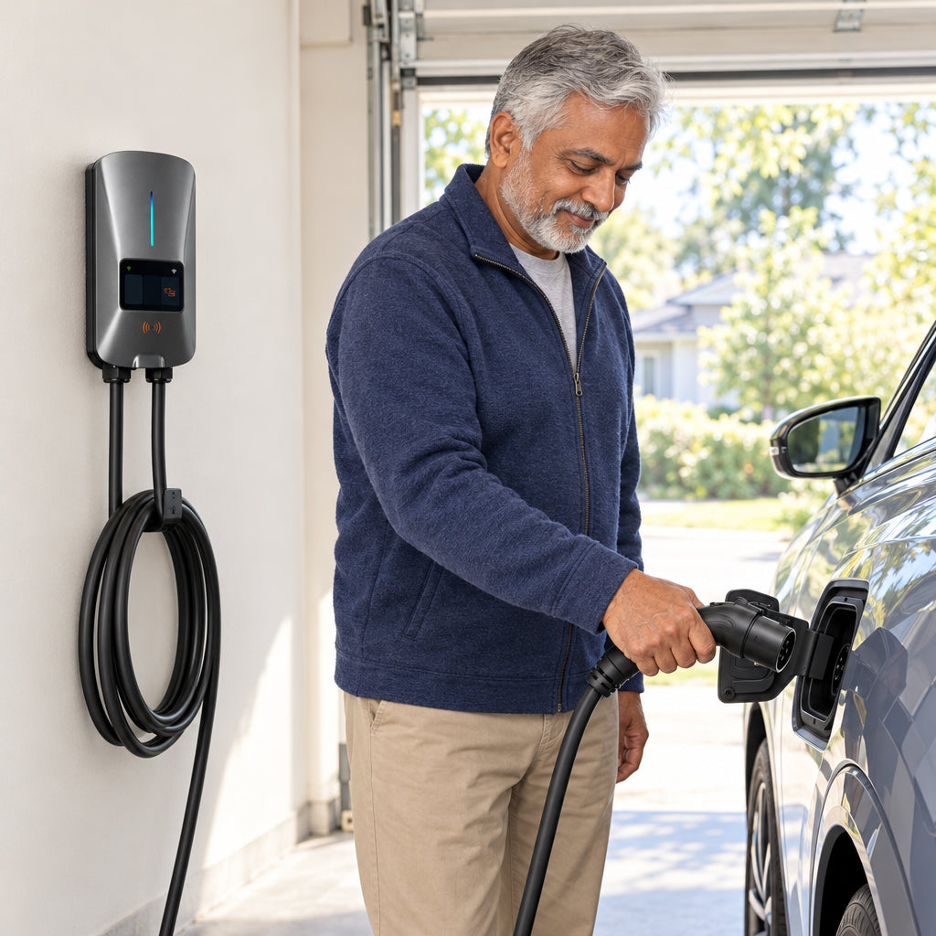 Level 2 EV Charger 40Amp, person unclipping the connector from the car's charge port, ready to leave, garage