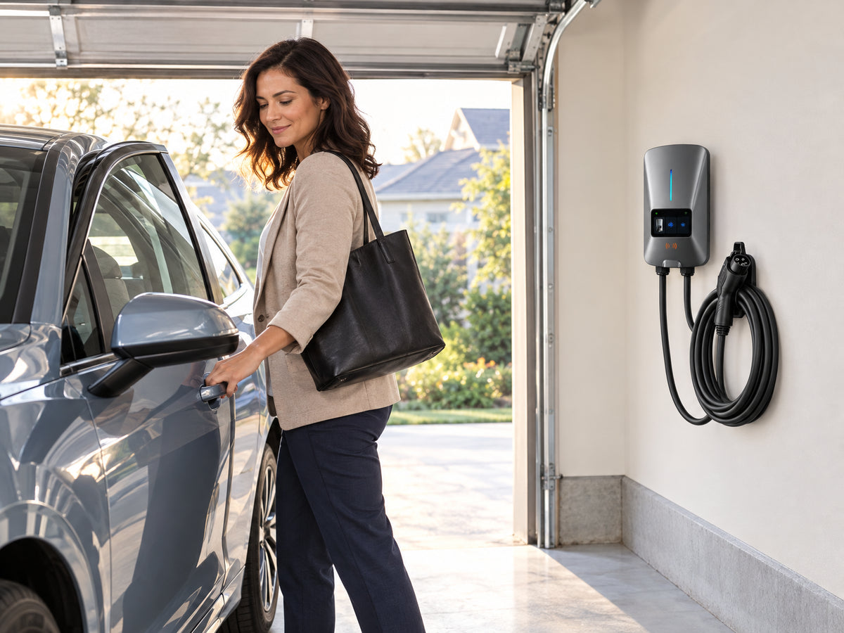 Level 2 EV Charger 40Amp, person opening car door confidently